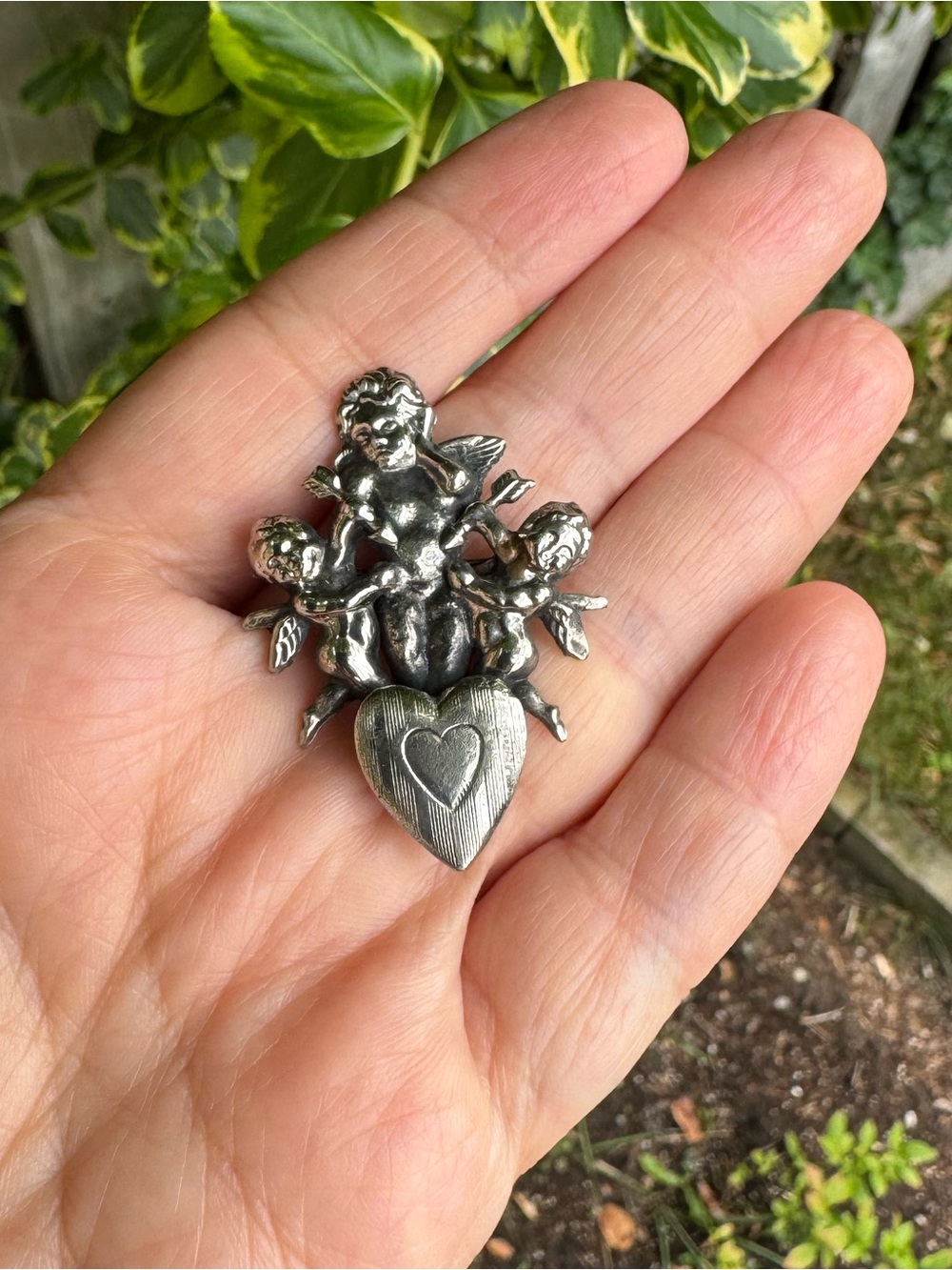 Hand Crafted Vintage Silver Tone Cherub Heart Pin Brooch - 90’s Victorian Goth